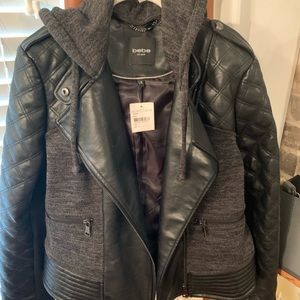 Bebe leather moto jacket with hood from Nordstrom.